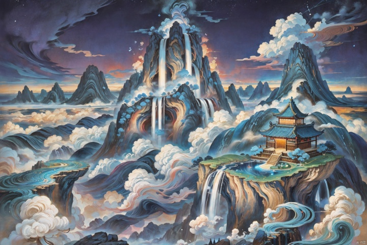  The long yarn scrolls covered with calligraphy are illuminated and spread in the air to form a huge waterfall, surrounded by clouds and fog, dreamlike, and the picture is clean and simple