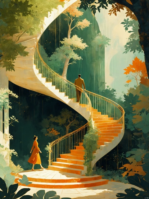  an illustration shows two spiral staircases leading to each other in profile with trees and leaves around them. a man is walking down,an a woman is walking up one staircase holding out her hand.walking in opposite directions,chance encounter, the color palette includes light green tones, orange highlights, and soft shadows. This scene has a dreamy atmosphere, capturing both natural beauty and emotional depth. It's a serene moment that evokes warmth and nostalgia,deep light portrayal,3d renering