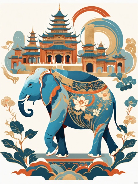 Elephant,oriental floral,Geometry,Chinese ancient town,vector illustration