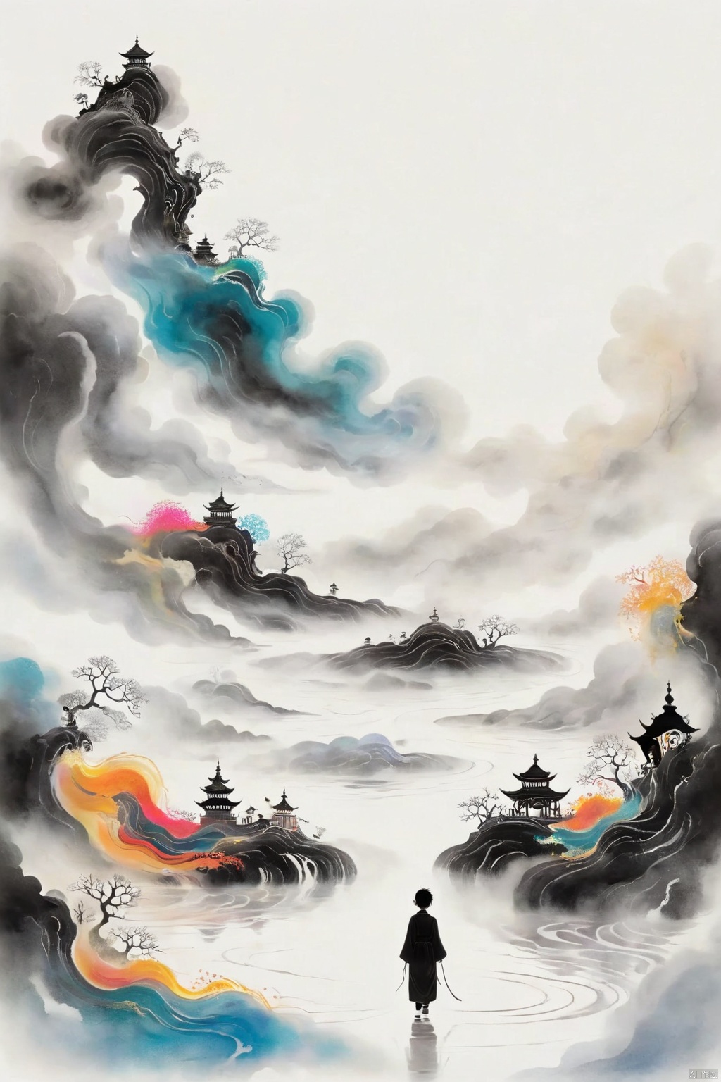 A boy silhouette with an aura of swirling colors, wandering on the edge of the abstract land of the dead,symbolizing the vastness and depth.white background, creating a surreal atmosphere, In his head is depicted as a surreal dreamscape filled with floating islands and ethereal creatures,with blowing patterns and dark hues. the colors are vibrant and fluid, capturing movement and energy in a dreamlike way, dark white color theme, digital art style, abstract art background, highly detailed.This artwork conveys a sense of wonder about life and death, longitudinal section,3d rendering 