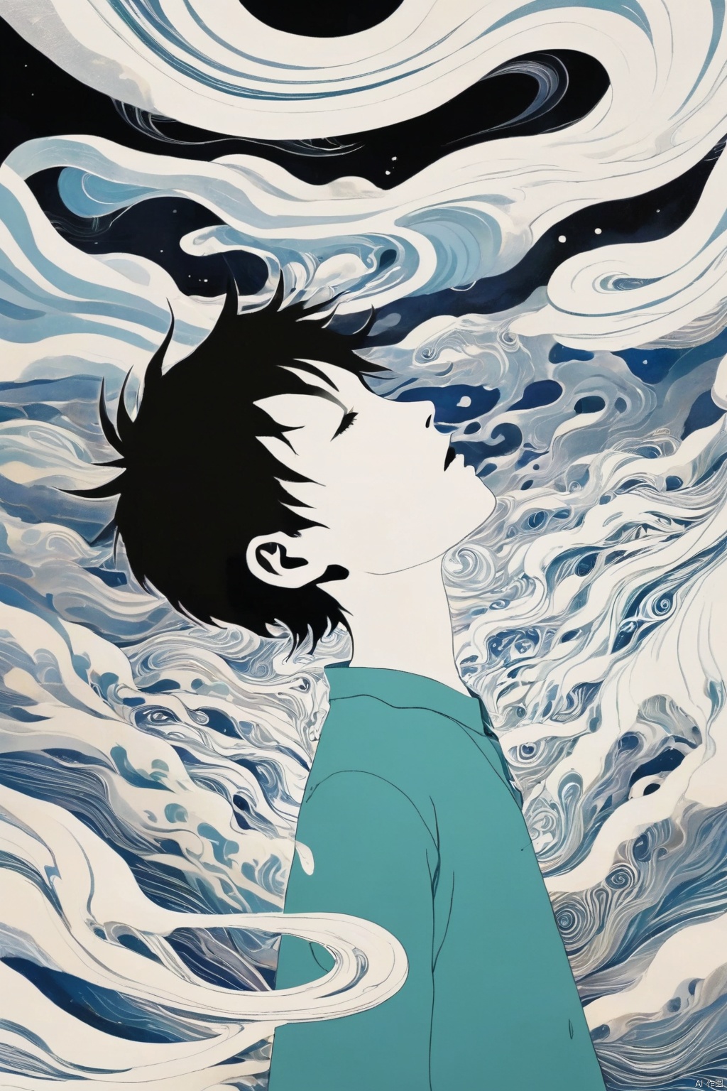 A boy silhouette with an aura of swirling colors, wandering on the edge of the abstract land of the dead,symbolizing the vastness and depth.white background, creating a surreal atmosphere, In his head is depicted as a surreal dreamscape filled with floating islands and ethereal creatures,with blowing patterns and dark hues. the colors are vibrant and fluid, capturing movement and energy in a dreamlike way, dark white color theme, digital art style, abstract art background, highly detailed.This artwork conveys a sense of wonder about life and death, longitudinal section,3d rendering 