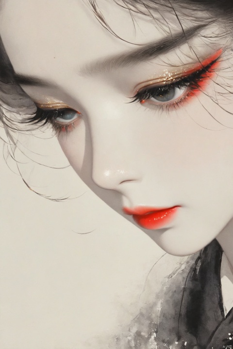 1 Girl, close-up, red lips, long eyelashes, bright big eyes, beautiful sad wallpaper style