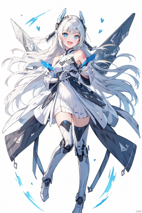  (best quality), (masterpiece), (highres),epic scenes, impactful visuals,senseofspace,(sciencefiction:1.3),天启姬,1girl,solo,Diving down over the village,blue eyes,long hair,mecha musume,white background,dress,open mouth,smile,white hair,looking at viewer,heart hands,white dress,full body,breasts,bangs,mechanical legs,bare shoulders,thighhighs,boots,heart,mechanical wings,wings,:d,Science fiction mechanical wings with fans, tattoo