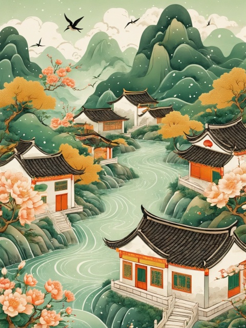 Traditional Chinese pattern background, heavy rain in the rainy season, flying swallows, distant mountains and rivers, a doll riding on the back of a buffalo, blooming flowers on a small house at the foot of the mountain, light green gradient sky, the overall color scheme is mainly green and gold. The illustration style has delicate lines and smooth curves, giving it a sense of mystery. Illustration style HD details, fisheye lens, one point perspective, ultra high definition, super details, 8k