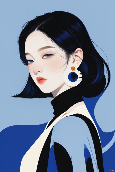  fashion girl,blue,white and black color scheme, simple shape, abstract Memphis ,portrait, white face, black hair, blue background, slender figure, exaggerated body proportions,fashion catwalk, Oriental flat aesthetics