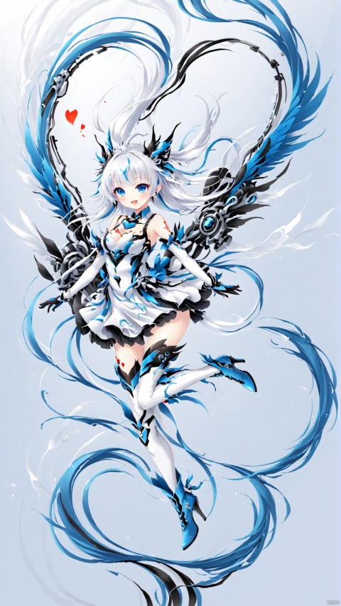  tianqijijijia, solo, 1girl, long hair, blue eyes, open mouth, gloves, smile, looking at viewer, bangs, full body, mecha musume, dress, high heels, white hair, boots, tattoo, thighhighs,breasts, elbow gloves, heart, bare shoulders, white dress, floating hair, high heel boots, thigh boots, inksketch
