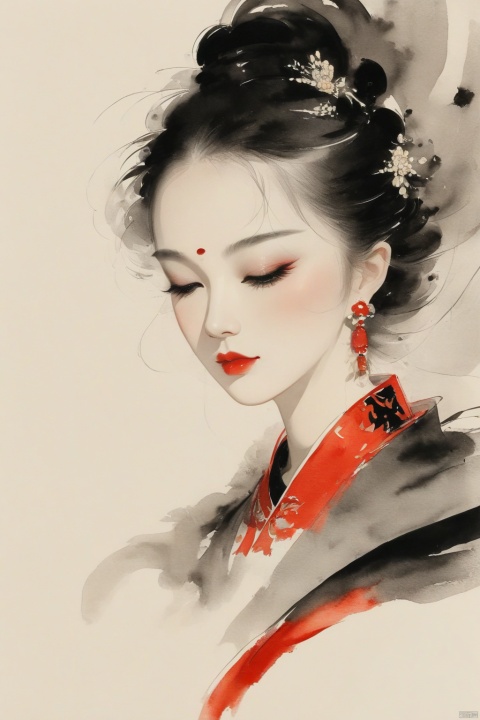 Chinese ink painting, thick black brush strokes,elegant Shanghai woman, Luxurious fur coat,beautiful eyes, long eyelashes, rosy red lips, clean face,clean white background,soft, minimalist,high definition