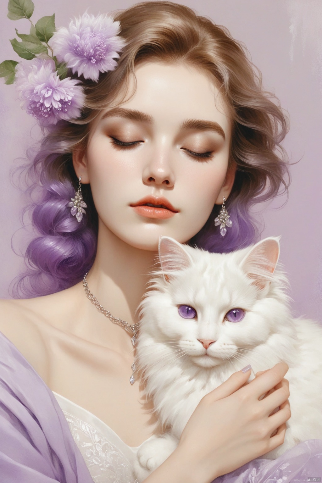 by cgart illustrator,oil painting of a woman with a (Angora\(cat\)), lying, detailed painting inspired by Charlie Bowater, blooming exquisite necklace, 4 k detailed fantasy, white silver painting, her face is a lilac flower, dreamland, watercolor