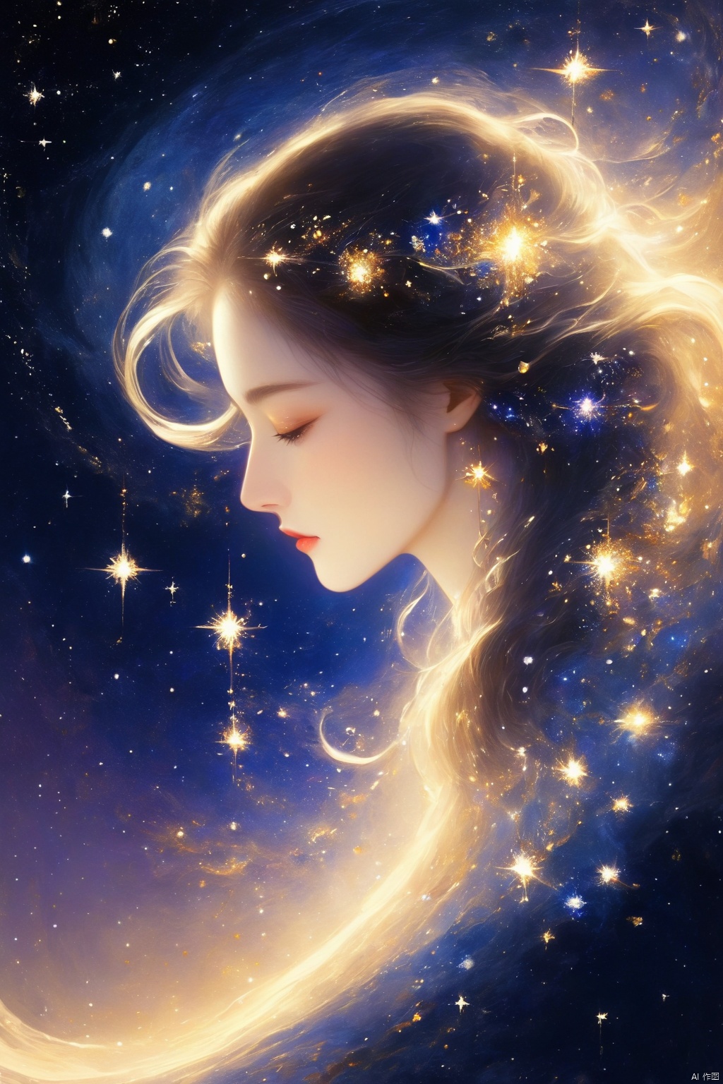  New meticulous brush, night, (Milky Way through the stars: 1.28), floating giant glowing nebulae, (long-haired beautiful wild woman riding a Panther), endless sense of space, illusion, reflection, dots, swirls, up and down perspective, fractal art, stars shining, night, magic