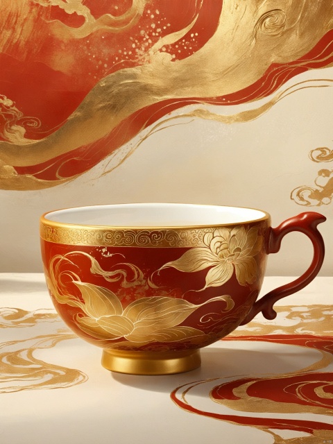  Dunhuang Art, tea cup painted on Dunhuang Chinese traditional Dunhua murals, gold inside the tea cup, smooth lines, frosted texture, gold red color scheme, smooth swirl natural mural background, hand-painted art, HD 8k