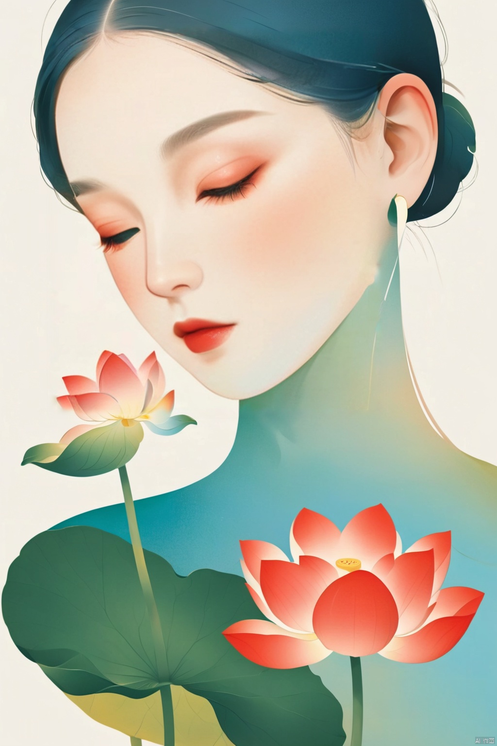  A beautiful woman with a simple lotus flower,Illustration,Minimalismm,dreamlike picture,subtle gradation,calm harmony,elegant use of negative space,graphic design inspired illustrations,