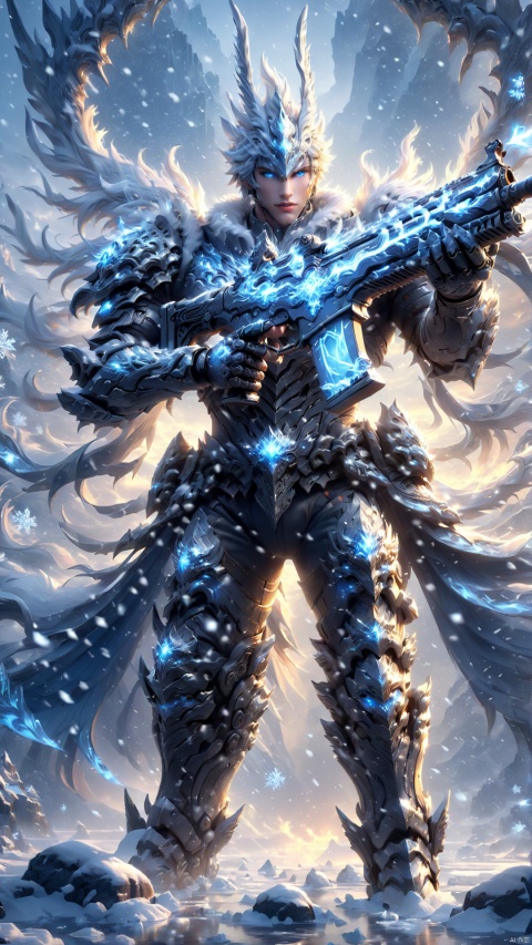  a realistic action shot of a fantasy game character wielding an assault rifle made of ice, pointing at the camera, wearing white armor, snowing allay in background, digital art, HD, masterpiece, best quality, hyper detailed, ultra detailed, Assault Rifle