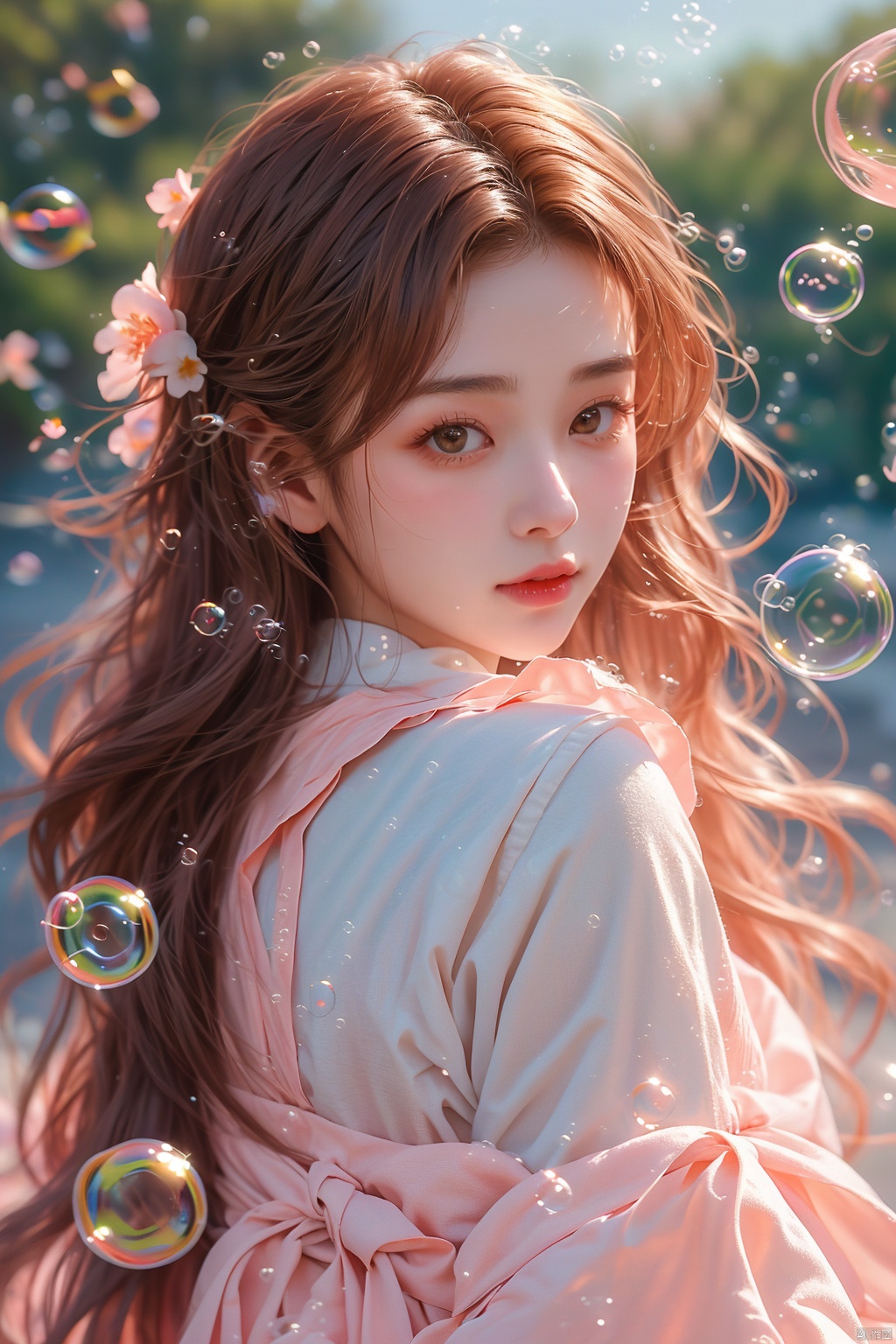 (bubble:1.5),masterpiece,1 Girl,18 years old,Stand,Look at me,Lovely,Sweet,Wearing a school uniform,Students,Tie,Miniskirt,Outdoors,Aisle,Spring,Peach blossom,Flying petals,Long hair,textured skin,super detail,best quality, (\meng ze\)