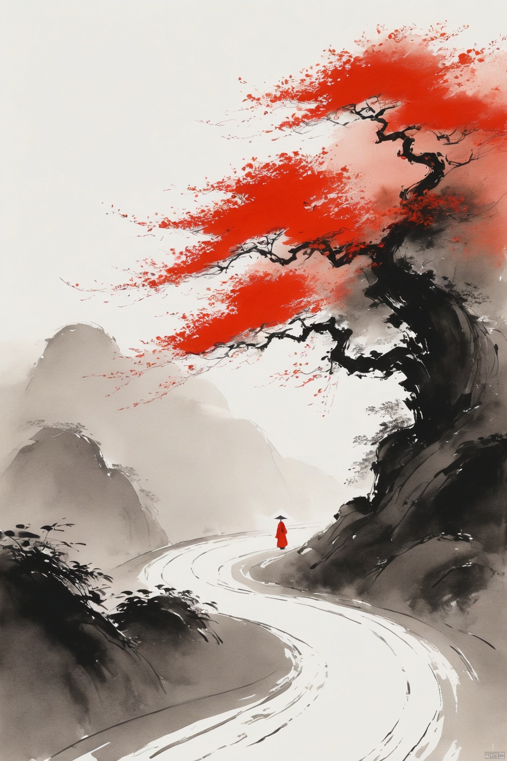 Chinese ink painting,fine and smooth brush strokes,minimalist,Simple lines outline a winding path,chinese ancient woman in red Stand at the end of the road seems to be waiting for something,leave a large area blank,clean white background,feeling of loneliness,zen and ethereal,abstract composition,Ultrawide shot,HD. --no signature,trees