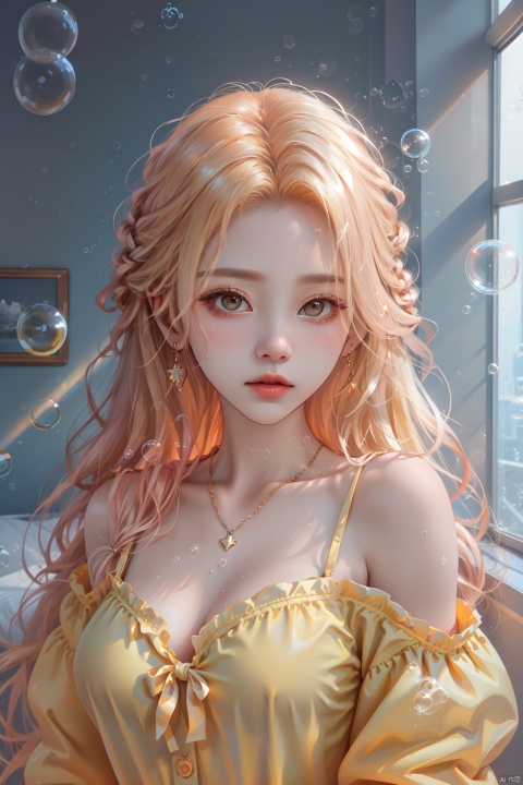  (bubble:1.5),1girl, bare_shoulders, blonde_hair, breasts, cleavage, collarbone, dress, earrings, grey_eyes, hand_on_own_chest, indoors, jewelry, long_hair, long_sleeves, looking_at_viewer, medium_breasts, necklace, off_shoulder, orange_dress, solo, window, yellow_dress, (\meng ze\)