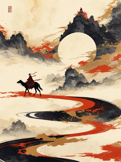  Chen Jialing, Ink Painting, Halo Dyeing, A man riding on a running horse,Conceptual Digital Art, Minimalism, Master Composition, Romantic Ancient Style, New Gongbi, Surrealism