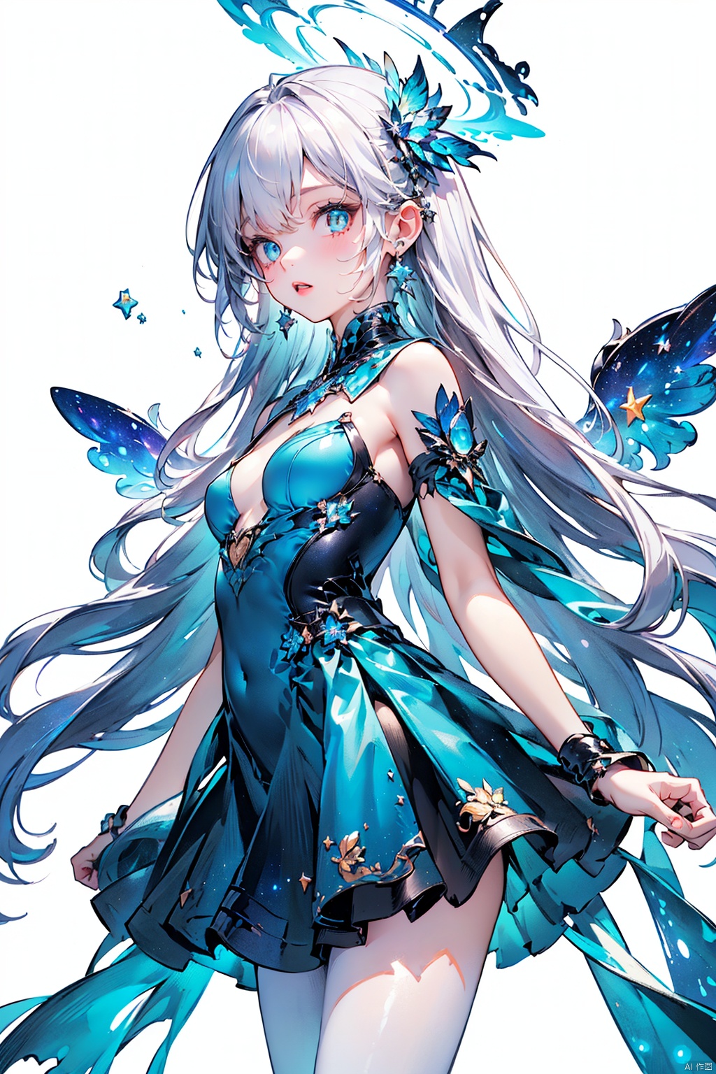  ((solo)),((cowboy shot)),(((a beautiful girl))),((small_breasts)),((looking at viewer)),(galaxy adorns colorful wings),(((starry_wings,galaxy_wings):1.5)),(Glowing line tattoos),(galaxy adorns colorful dress),(Glowing halo),(beautiful eyes),white hair,((white background:1.7)),((standding)), cutegui, 1girl,pantyhose,high_heels,LF