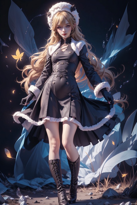  1girl, long hair, boots, hat, pantyhose, blonde hair, solo, very long hair, gloves, twintails, holding, purple eyes, knee boots, cross-laced footwear, dress, full body, white pantyhose, breasts, lace-up boots, zoom layer, fur hat, blue headwear, fur trim, brown footwear, black footwear, black gloves, small breasts, closed mouth, bangs, looking at viewer, coat, standing, black dress, parted bangs, long sleeves, bag, ushanka, scissors, ribbon, smile, flask