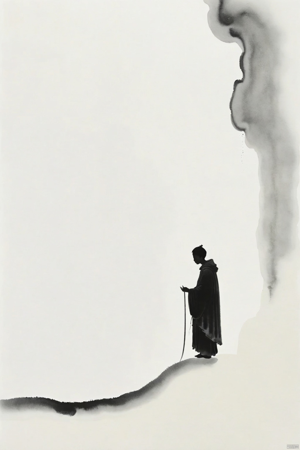 Silhouette of the Great Saint, downward diffusion of ink, large areas of white space, minimalist illustration