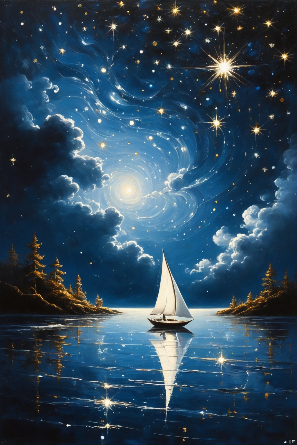 Rich lacquer painting, James R. ads, new meticulous brush, night, the Milky Way through the sky, floating huge luminous clouds, (a small white sailboat crossing the stars: 1.32), the endless sense of space, illusion, reflection, dots, swirls, up and down perspective, fractal art, stars bright, dark night, dark magic