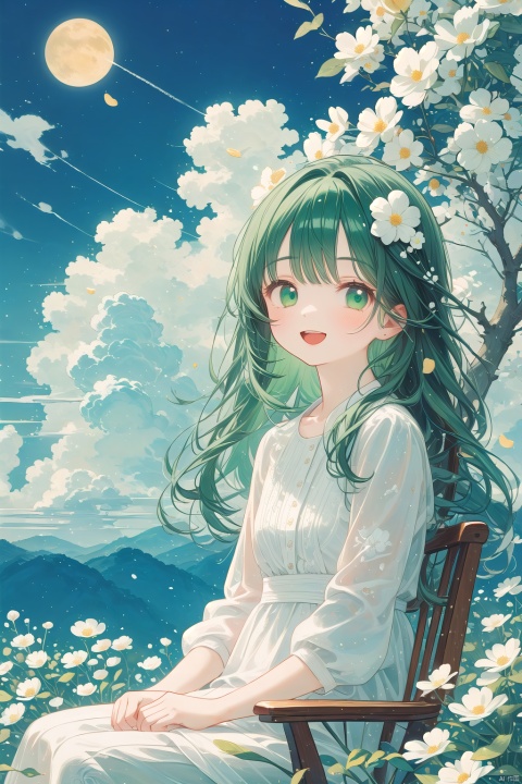 1girl, flower,white dress, solo, green hair, long hair, smile, open mouth, looking at viewer, bangs, white flower, green eyes, cloud