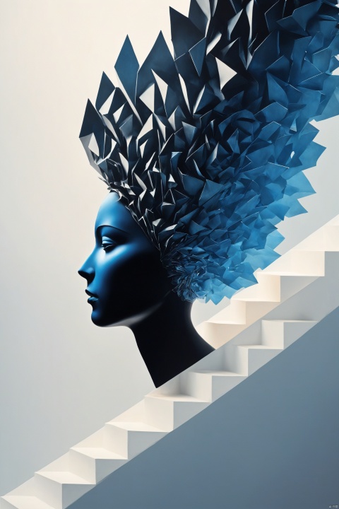 Sculptural head silhouette with an open mind leading to stairs, a lone figure ascending, representing personal growth, against a stark black background, minimalistic, blue-white gradient lighting, surrealism, digital art, Peter Tarka style, sharp focus 