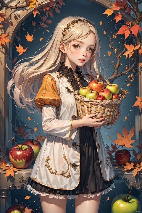 Beautiful lovely little girl, in advance of the basket, inside the red orange orange apples, a small squirrel, apple trees, autumn wind sweeping leaves,puke