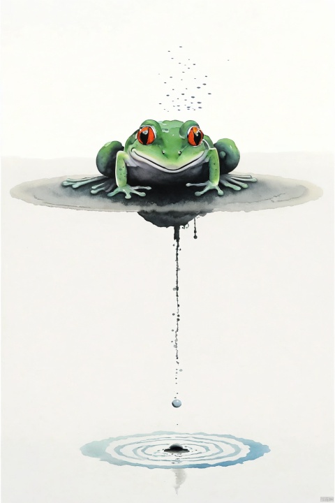 A frog, in a well, looking up at the sky, minimalist ink painting, large area of white, white background