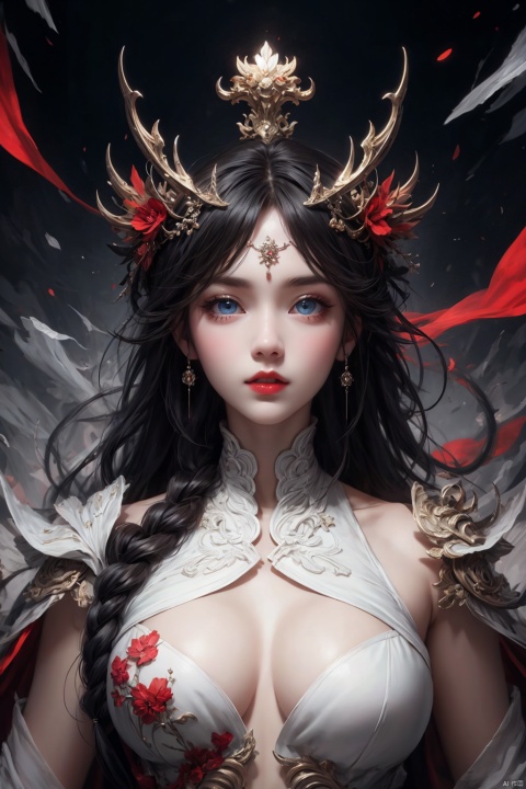  4k, office art,1girl with white armor,decorated with complex patterns and exquisite lines, k-pop, blue eyes, dark red lips, 1girl, (\xing he\)