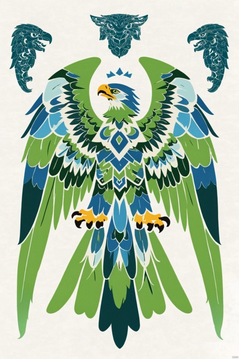  Totem pattern of a huge green eagle,native american animal totem design in the style of Emily Balivet, symmetrical logo, white background, green and blue color palette