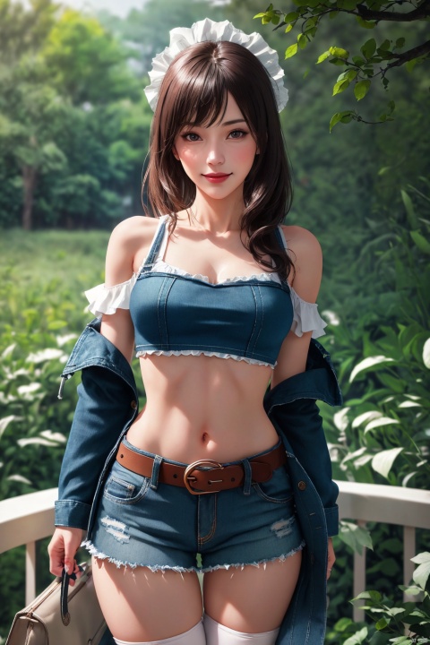 best quality, masterpiece, realistic,cowboy_shot,(Good structure), DSLR Quality,Depth of field,kind smile,looking_at_viewer,Dynamic pose, 
 1girl, 3d, bare_shoulders, belt, blurry, blurry_background, blurry_foreground, branch, , , , collarbone, *******_photo, denim, denim_skirt, depth_of_field, , lips, long_hair, looking_at_viewer, midriff, miniskirt, motion_blur, navel, outdoors, photo_\(medium\), realistic, skirt, solo, standing, tree, , , , blackpantyhose, , , , , , longni