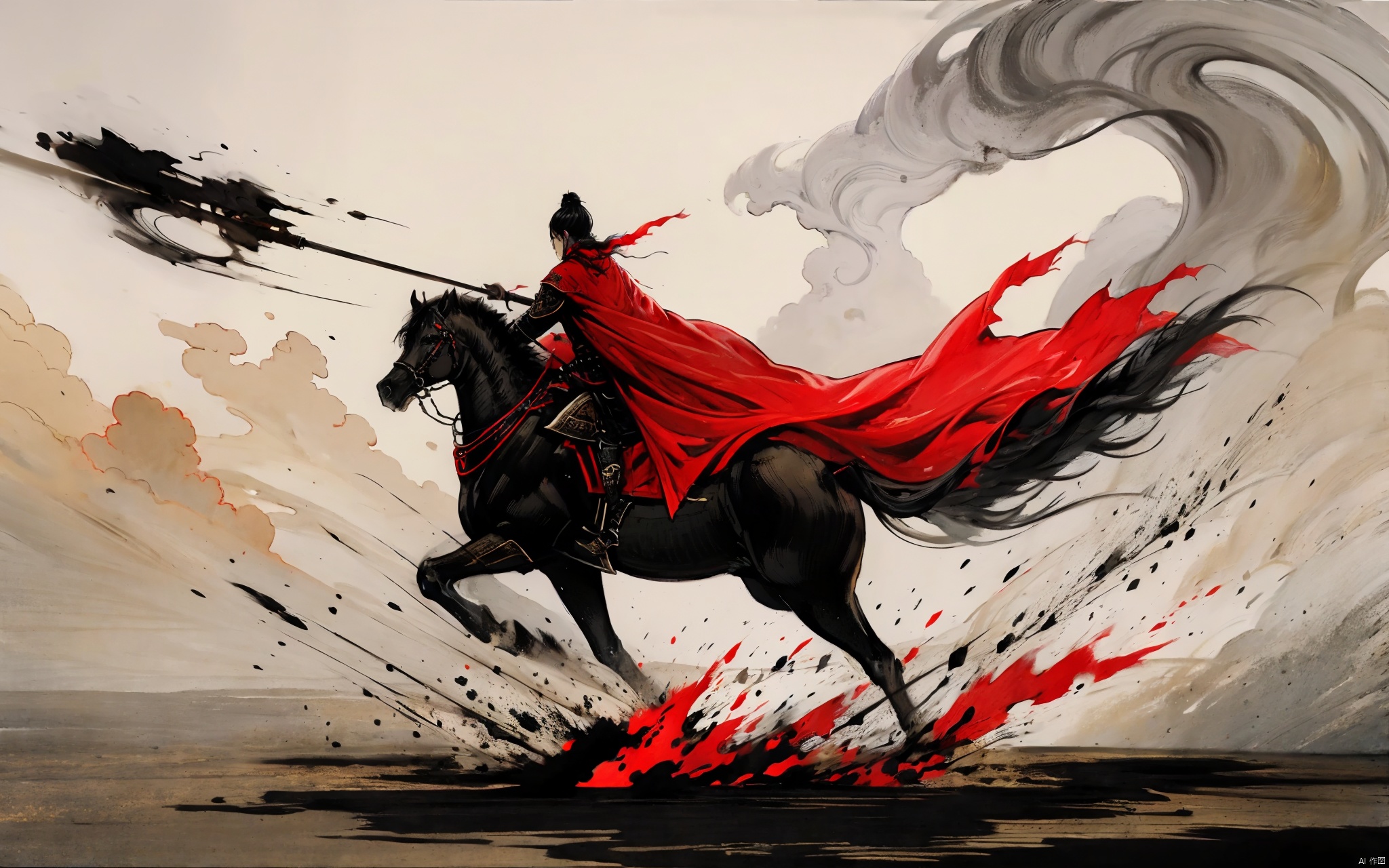  Ink style, military generals, Three Kingdoms, Zhao Yun, riding a horse, holding a red tassel gun in one hand, his cloak fluttering in the wind, wearing silver armor, his back to the camera, facing thousands of troops, the scene is grand and shocking, super wide-angle lens, ink painting, great soldier,chinese clothes,(full_body:1.3), gfink, guijian, cloud