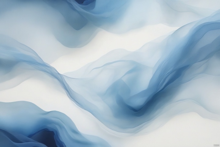 Very simple micro landscape, veil landscape, light yarn, beautiful, smooth lines, ultra-delicate, ultra-elegant, picture elements minimalist, ancient rhyme white, large area of white, picture ethereal, minimalist composition, mountain flowing water, fluid oil painting, blue and white color matching