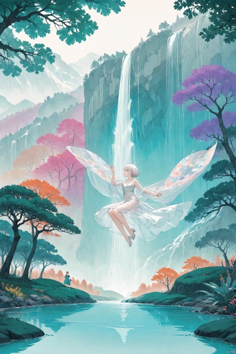  masterpiece, best quality, as7033,,line art,line style,as style,
solo, 1girl, scenery, short hair, tree, white hair, dress, shawl, outdoors, a figure in a flowing, transparent dress flying through a colorful, abstract landscape, The figure appears to be a woman with short hair, and she is surrounded by a variety of colors and patterns, The background features a waterfall, trees, and other natural elements, as well as abstract shapes and patterns, The overall effect is dreamlike and otherworldly, figure, transparent dress, short hair, woman, flying, waterfall, trees, natural elements, abstract shapes, dreamlike, otherworldly