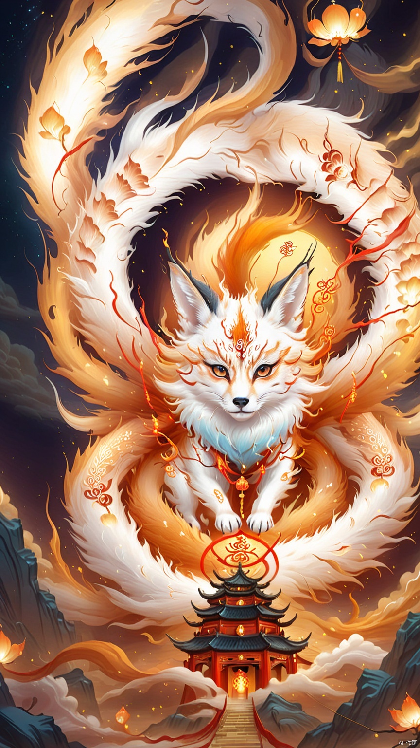  (Chinese fantasy illustration style :1.5), big eyes, cute, (light painting concept design :1.2), nine-tailed fox, hung with golden lights, dancing at night. The nine-tailed fox's body glows a faint blue light that complements the warm glow of the lantern. Nine-tailed fox shuttles through the night, giving people a sense of mystery and peace, exquisite beauty, close-up of nine-tailed fox, mythological version illustration, surrealism, epic beauty, visual art