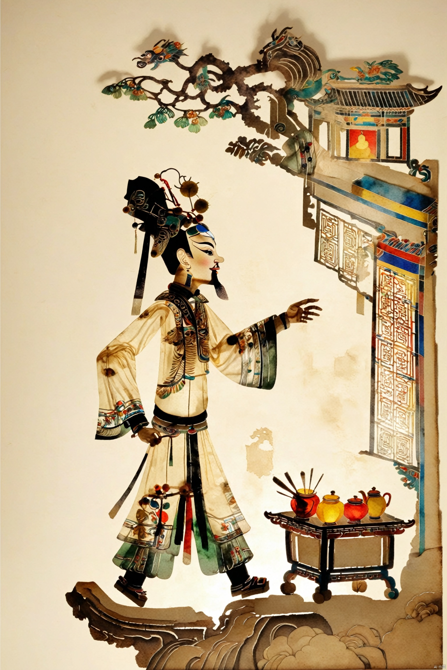  Chinese traditional shadow play, movable joint, screw joint, single person,whole body,composite material,watercolor, ethnic color, paper texture, pure white background,no background,cutout style, Intangible Cultural Heritage, ancient egyptian mural style, abstract style, Chinese traditional pattern