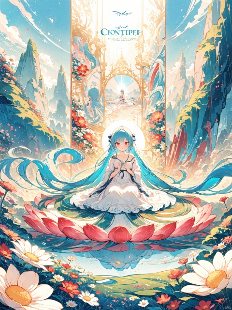  best quality, masterpiece, illustration, (reflection light), incredibly absurdres, (Movie Poster), (signature:1.3), (English text:1.3), 1girl, girl middle of flower, pure skyblue hair, red eyes, clear sky, outside, collarbone, loli, sitting, absurdly long hair, clear boundaries of the cloth, white dress, fantastic scenery, ground of flowers, thousand of flowers, colorful flowers, flowers around her, various flowers, shining, light, art shuicai