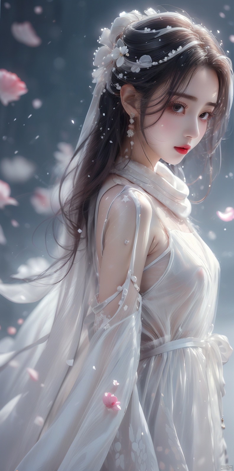  1girl, (Transparent white dress:1.5), (Transparent red scarf), wind, petal,Half body, (\meng ze\)