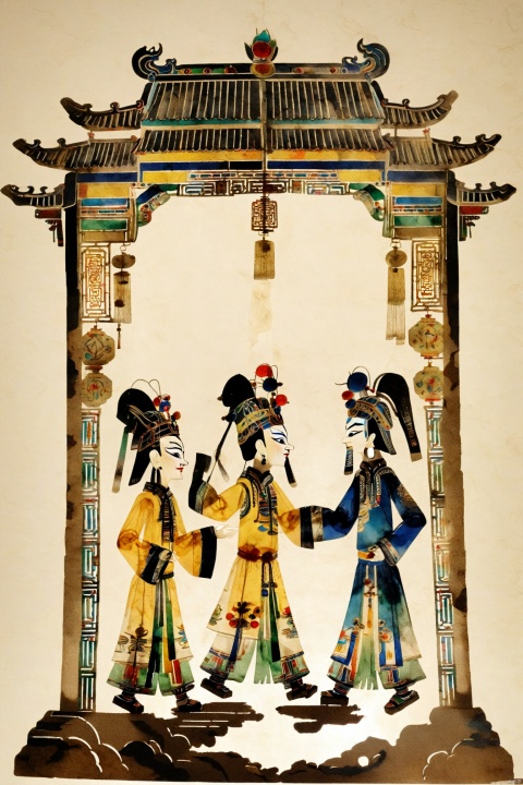  Chinese traditional shadow play, movable joint, screw joint, single person,whole body,composite material,watercolor, ethnic color, paper texture, pure white background,no background,cutout style, Intangible Cultural Heritage, ancient egyptian mural style, abstract style, Chinese traditional pattern