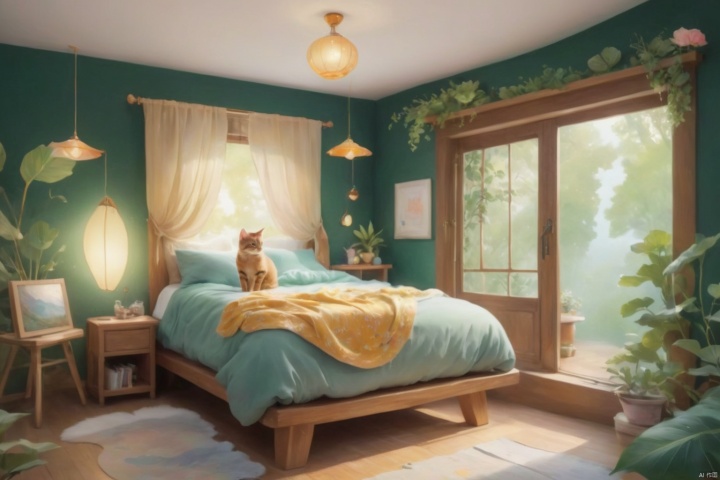 A cat lying on the bed, Dreamy bedroom in a treehouse, cozy bed with colorful blankets, fairy lights hanging from the ceiling, sun streaming through the window, green leaves peeking in, a whimsical decor with nature-inspired motifs, a small desk with art supplies, soft and tranquil atmosphere, captured in a dreamy watercolor painting style