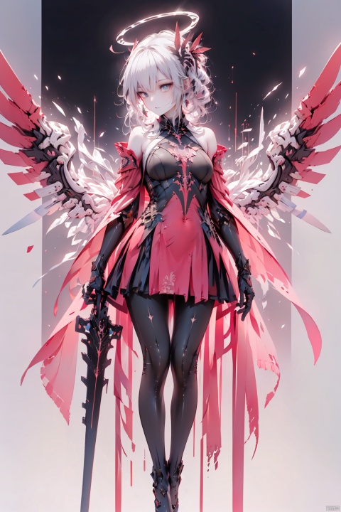  ZOTAC-apocalypse, turn armed, Robot girl - Apocalypse, (Standing forward Attack: 1.42), (Warm boudoir background, pink boudoir: 1.24), solo, halo, long white hair, blue eyes, big eyes, gritty eyes, bangs, wings, weapons, breasts, armor, whole body, looking at the audience, clothes, red cape, red clothes, mechanical wings, bangs, bare shoulders, sheath, red gloves, long spear - Ring of the Apocalypse, holding a long spear, named Ring of the Apocalypse, The ring at the center of the gun flowered, dazzling, gauntlet, boots, pantyhose, blue eyes, hair between the eyes, gloves, mouth closed, head tilted