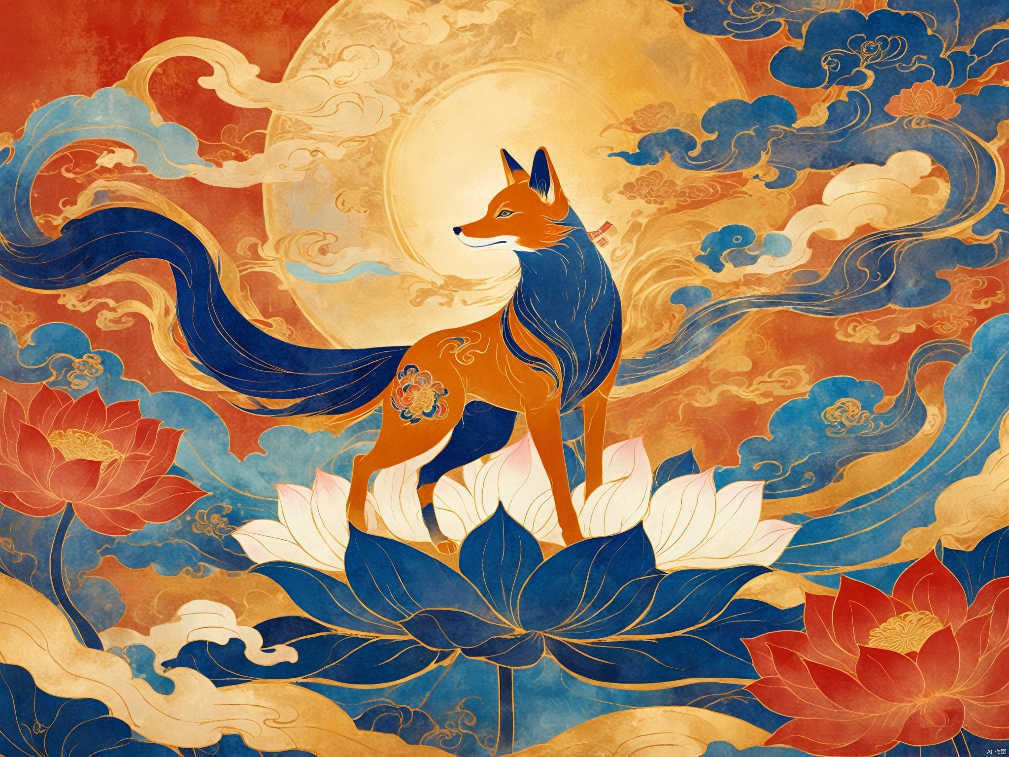  Dunhuang art style illustration,a magnificent Nine-tailed fox surrounded by auspicious clouds ,
Standing in the lotus pond ,extremely delicate brushstrokes, soft and smooth, China red and indigo, golden background