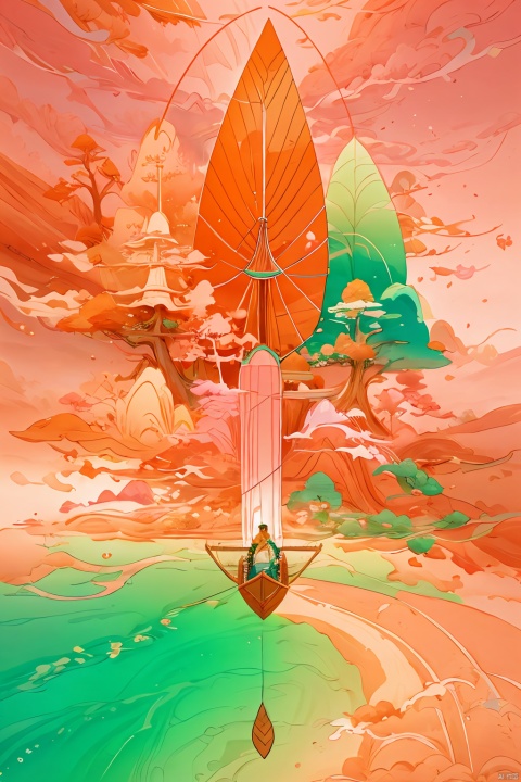 aerial view of a canoe rowing through pink sand, green water,in the style of filip hodas, narrative-driven visual storytelling, asher brown durand