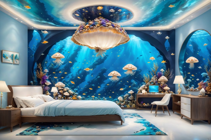  A bedroom under the sea, surrounded by dreamy mushrooms. The walls are made of colorful corals and anemones, with glowing jellyfish and colorful fish swimming above through the ceiling. The bedroom is elegantly decorated with a bed made of shells and seaweed, with a conch shell lamp beside it. The whole room is filled with a mysterious and enchanting ocean atmosphere, suitable for high-definition underwater photography, intricate details, clear focus, vivid colors, realistic art, suitable for framing, interior design, and fine art prints., Installation art