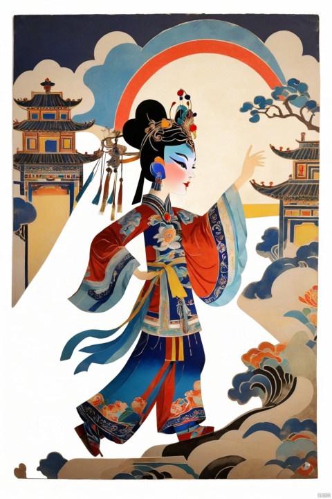  Flat style illustration,Profile of a shadow puppet figure,The movement in the dance,Holding a traditional Chinese fan,Chinese traditional opera actors composed of geometric shapes,blue and white glaze,clear outline,Geometric figures composed of traditional Chinese opera actors,white background,clothes with traditional Chinese lotus patterns,Keith Haring style graffiti,garbage beauty style, white background, Oriental flat aesthetics