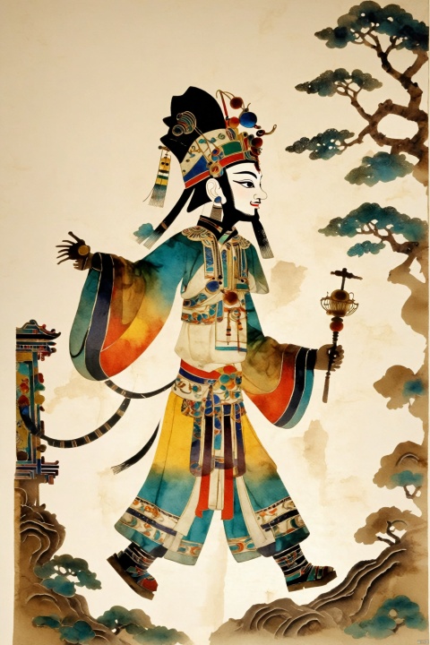  Chinese traditional shadow play, movable joint, screw joint, single person,whole body,composite material,watercolor, ethnic color, paper texture, pure white background,no background,cutout style, Intangible Cultural Heritage, ancient egyptian mural style, abstract style, Chinese traditional pattern