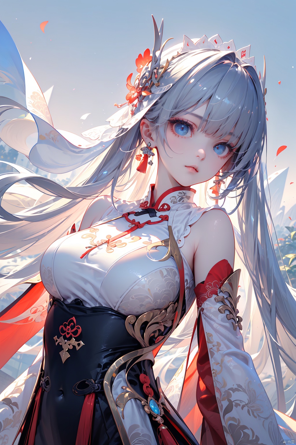 （（Blue eyes, long white hair, bangs：1.36）, To shoot from above. ,art by Zao Wou-ki,extreme close - up, focus on face, A woman in Hanfu, wearing a white transparent veil Chinese swordsman floats over the bamboo forest and stretches his body, solo,gopro photography, enemy falling to the ground, ancient Chinese bamboo forest in the background, concept art,,QingKung,1girl,( super vista, super wide Angle:1.6),(horizon:1.3)