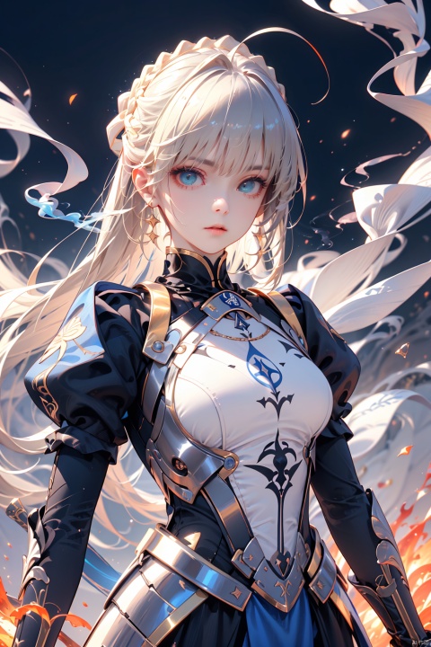  （（Blue eyes, long white hair, bangs：1.36）, artoria_pendragon_\(fate\), sword, weapon, saber, holding_sword, armor, blurry, solo, blurry_foreground, depth_of_field, holding_weapon, braid, blurry_background, gauntlets, ahoge, blonde_hair, hair_ribbon, blue_ribbon, glowing_weapon, green_eyes, holding, glowing_sword, fire, ribbon, sparks, excalibur_\(fate/stay_night\), looking_at_viewer,
Epic CG masterpiece, hdr,dtm, full ha,8K, ultra detailed graphic tension, dynamic poses, stunning colors, 3D rendering, surrealism, cinematic lighting effects, realism, 00 renderer, super realistic, full - body photos, super vista, super wide Angle, HD,(Blue smoke enveloped the body:1.5),(solo focus:1.7),
Saber,1girl, In hand sword,blue dress,Blue bow,gorgeous armor,platinum blonde hair,
close-up,(imid shot,macro shot:1.25),(Detailed face description),(Detailed hair description),(Detailed clothes description),
A shot with tension,(sky glows red,Visual impact,giving the poster a dynamic and visually striking appearance:1.2),
