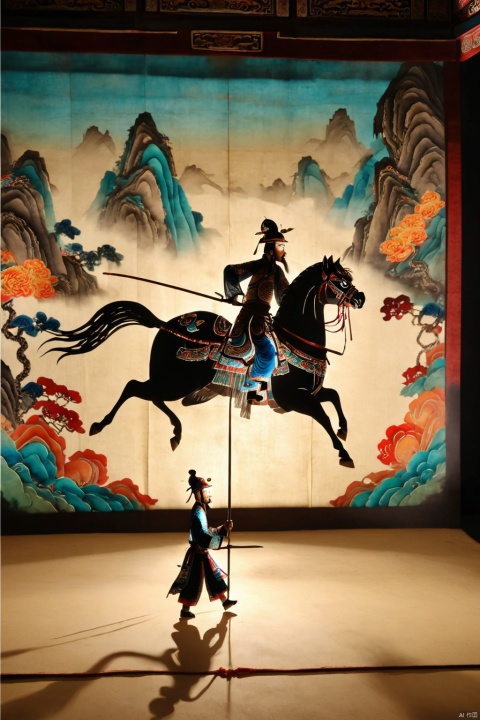  Master paintings, highest quality, shadow puppetry, stage, Zhang Fei, Zhangba Snake Spear, Changban Slope, horse riding, film footage, film particles