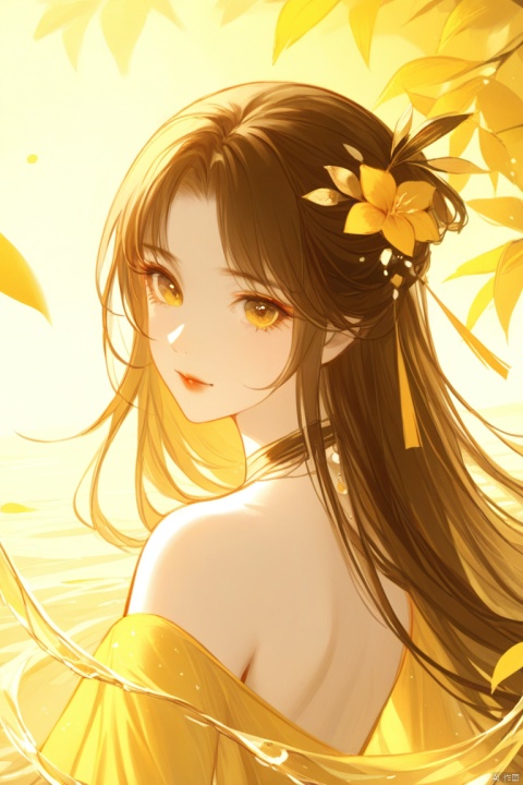 masterpiece,best quality,1girl, solo, hair ornament, brown hair, long hair,beautiful  eyes, upper body, choker, water, bare shoulders, looking at viewer, closed mouth, flower, looking back, yellow theme, dress